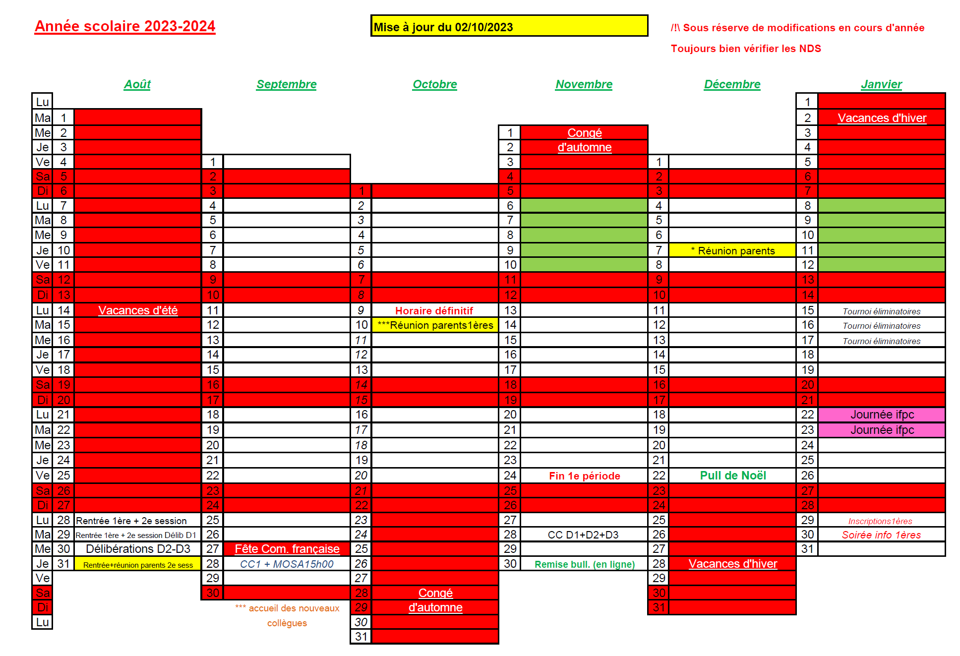 Calendrier scolaire 2023-24